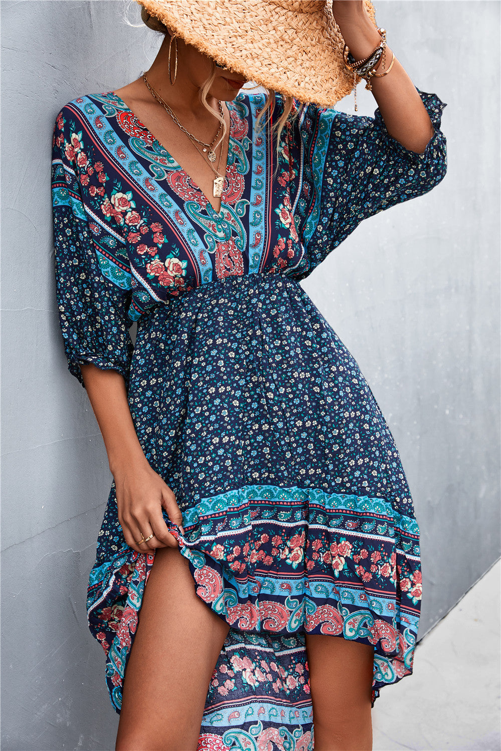 Bohemian V-Neck Irregular Backless Dress with Floral Accents