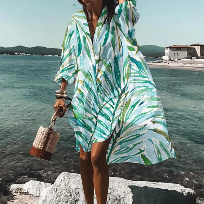 Beach Vacation Printed Blouse Coat Dress