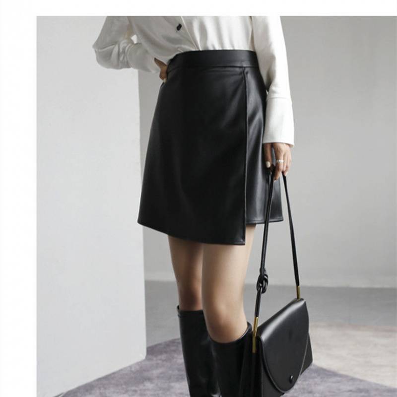 Solid Color High-Waisted Retro Leather Skirt for Women