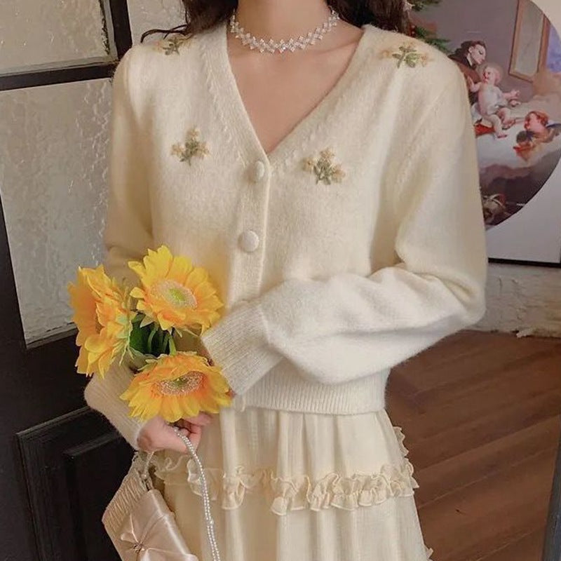 Embroidered Knitted Cardigan Women's Long-sleeved Top