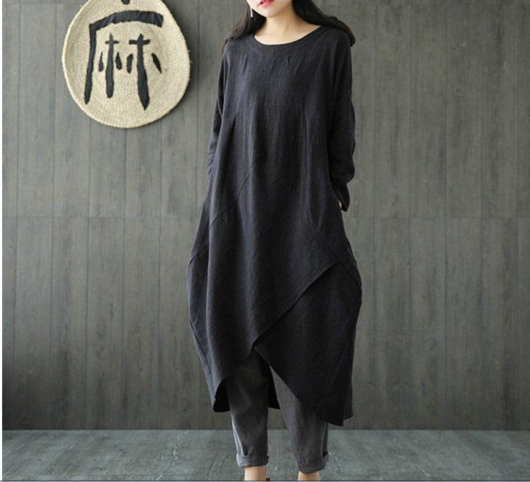 Borrowing shoulder sleeves cotton linen loose fitting dress