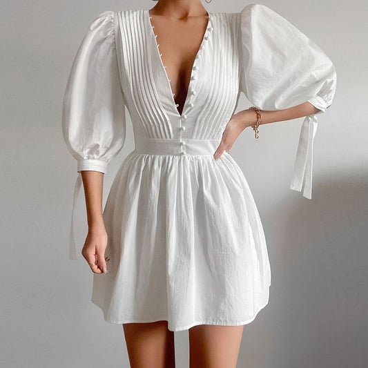 Women's Graceful And Fashionable Button V-neck Puff Sleeve Dress