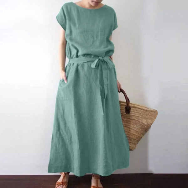 Bohemian Short Sleeve Round Neck Solid Color Cotton Linen Belt Long Dress