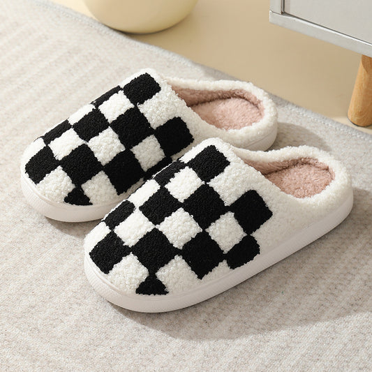 Couple's Winter Checkerboard Print House Slippers