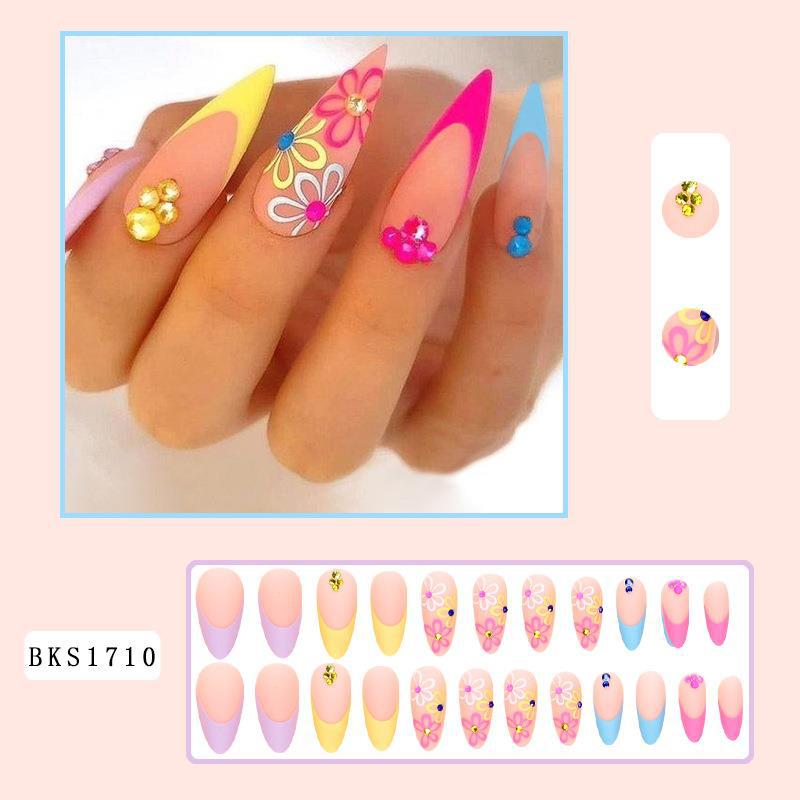 Rainbow Small Flower Wear Drop Shape Pointed Toe Nail Tip Rhinestone Wearable French