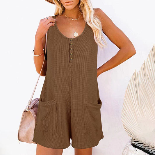 Summer New Women's Loose Casual Button Pocket Vest Jumpsuit