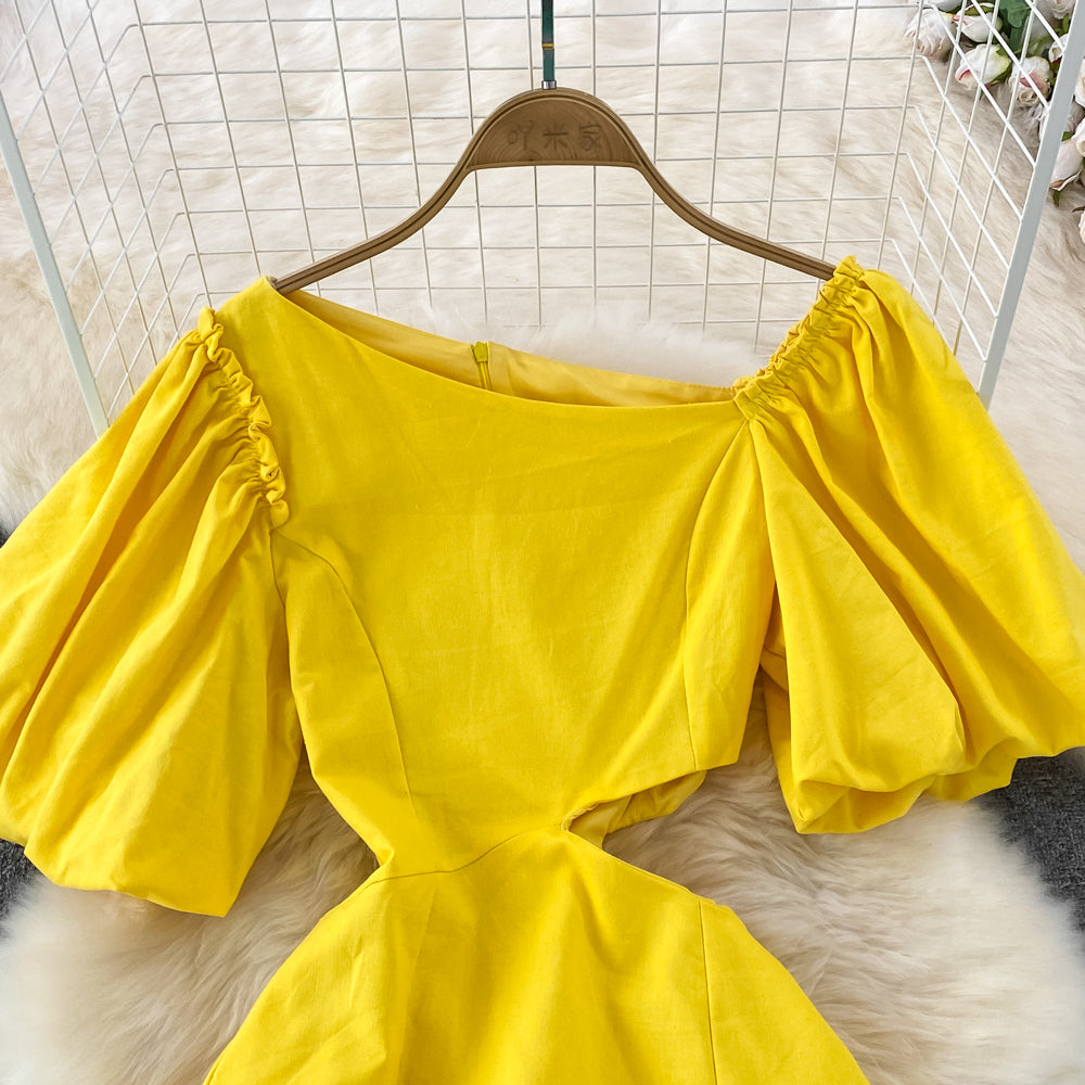 Temperament Diagonal Collar Design Niche Waist-tight Puff Sleeve Skirt