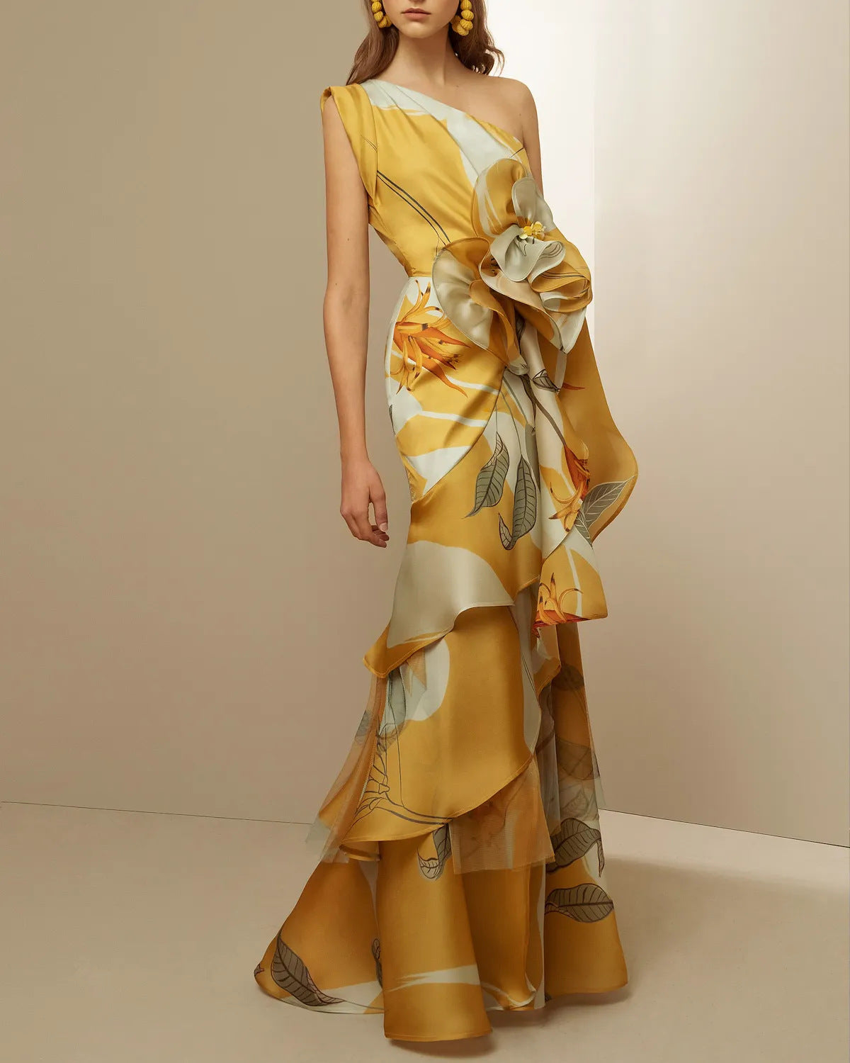 Retro Sloping Shoulder Dress for Women Waist-Controlled Design Printed Pattern
