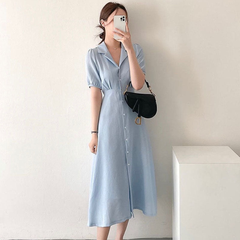 Summer Soft Bubble Sleeve Shirt Dress