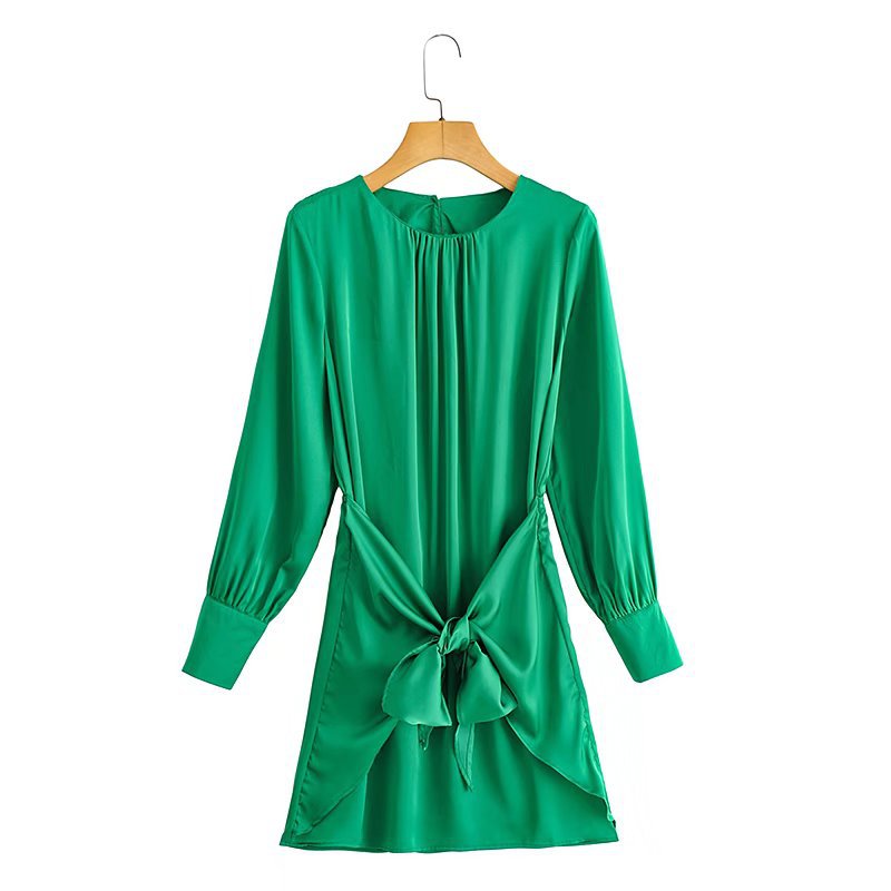 Pleated Tied Waist-controlled Long Sleeves Dress