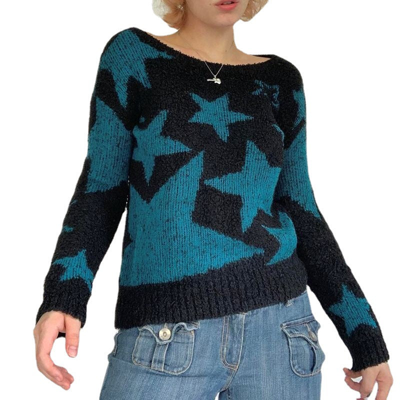 Women's Color Contrast Star Long-Sleeved Sweater