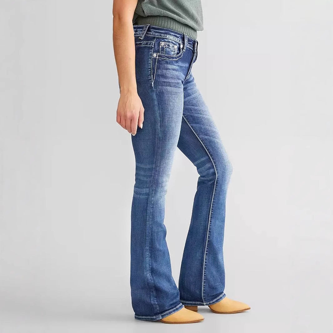 Women's Embroidered Denim Bootcut Trousers - Fashionable and Stylish