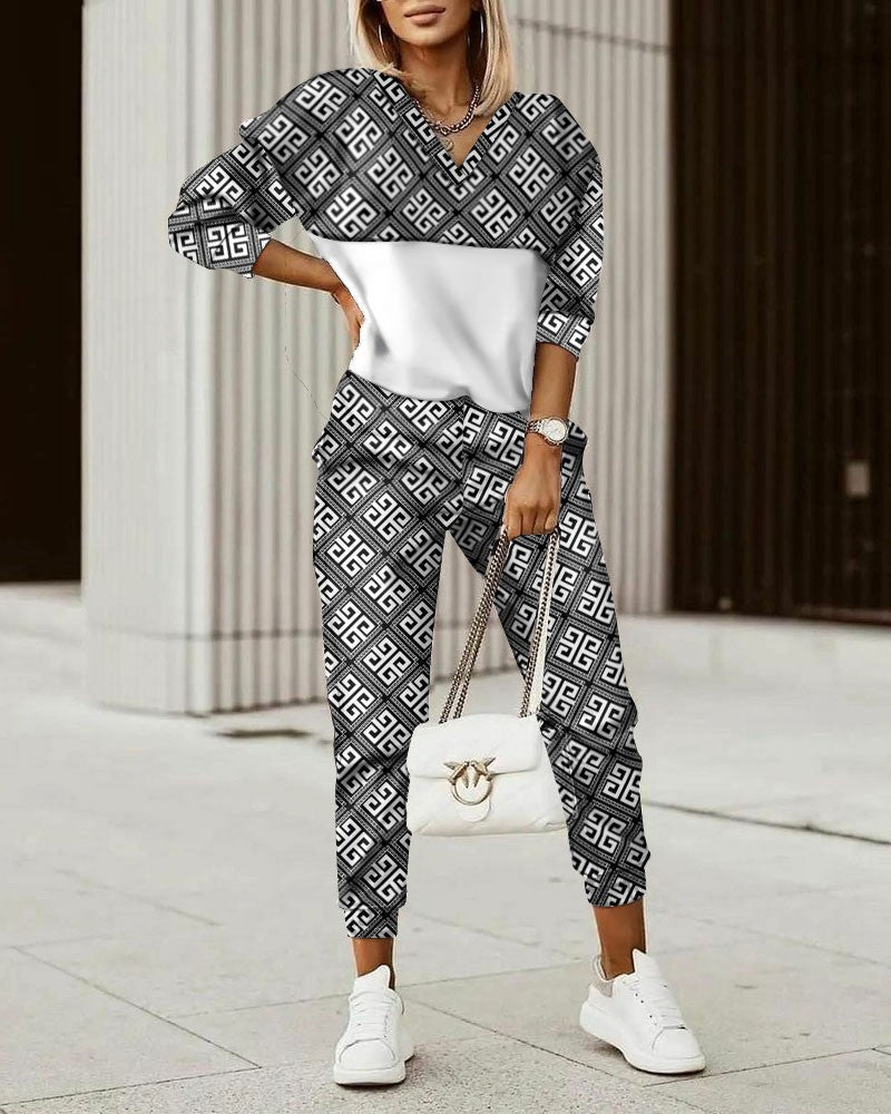Women's  Commuter Top Printed Trousers Zipper Fashion Suit