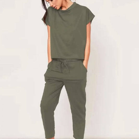 Round Neck Short Sleeve Top and Drawstring Cropped Pants Set