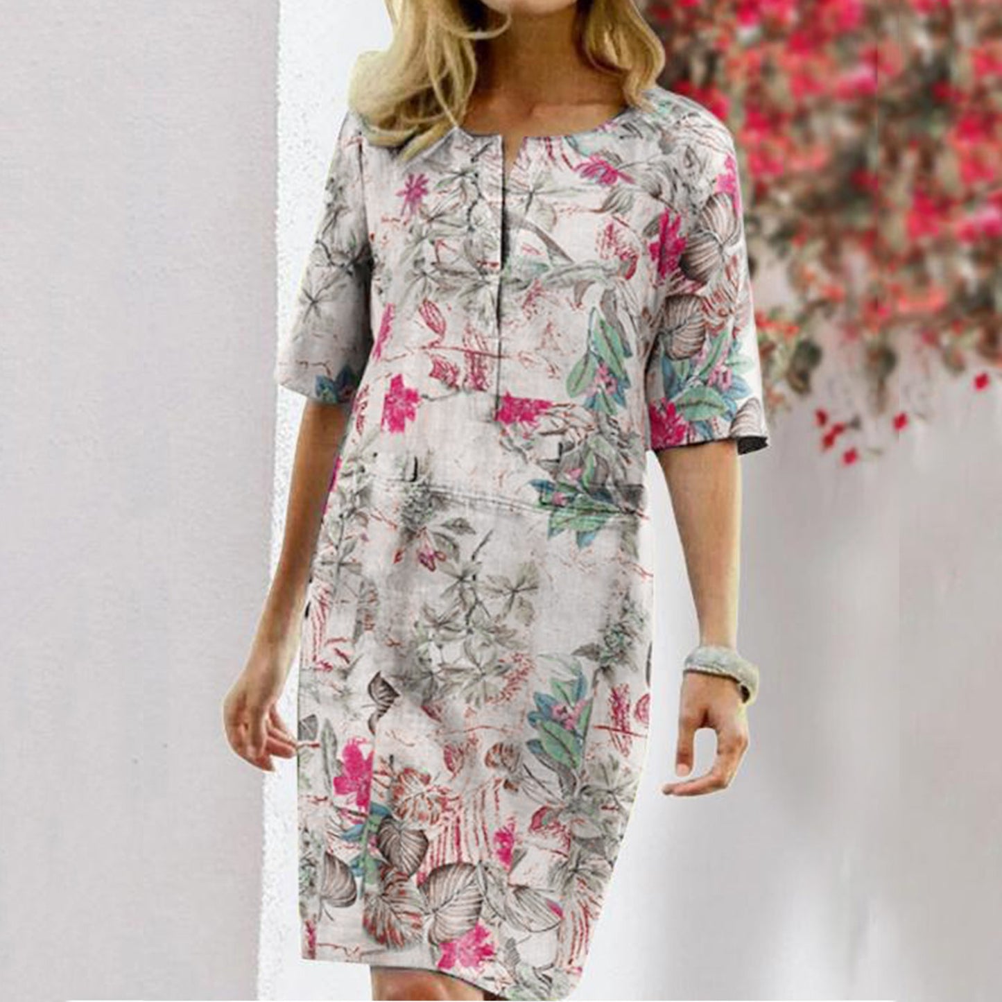 Vintage Summer Dress for Women with Floral Leaf Print, Slit, Round Neck, and Half Sleeves