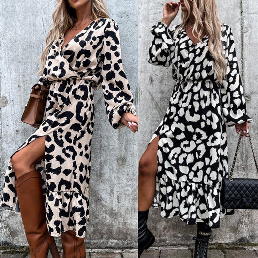 Women's Season Leopard Print Long Sleeve Slit Dress