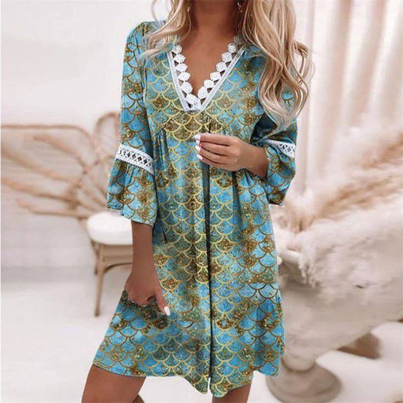 Women's Lace V-neck Patchwork Loose Casual Dress