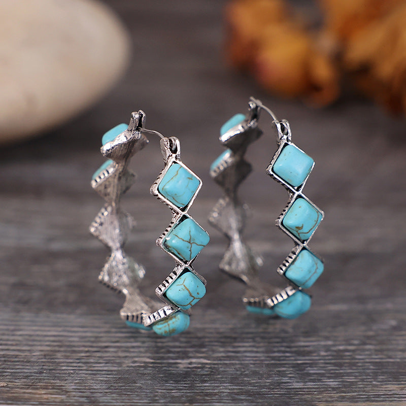 Exaggerated Diamond Turquoise U-shaped Earrings