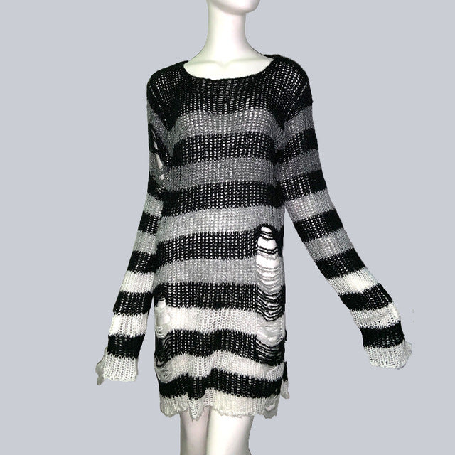 Womens Striped Loose Knitwear With Ripped Mid-length Sweater