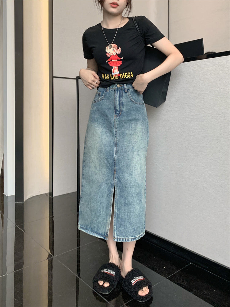 Slit A-line Skirt Denim Skirt Women's Retro High Waist