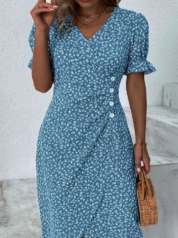 Stylish Women's V-neck Floral Hem Irregular Pattern Print Dress