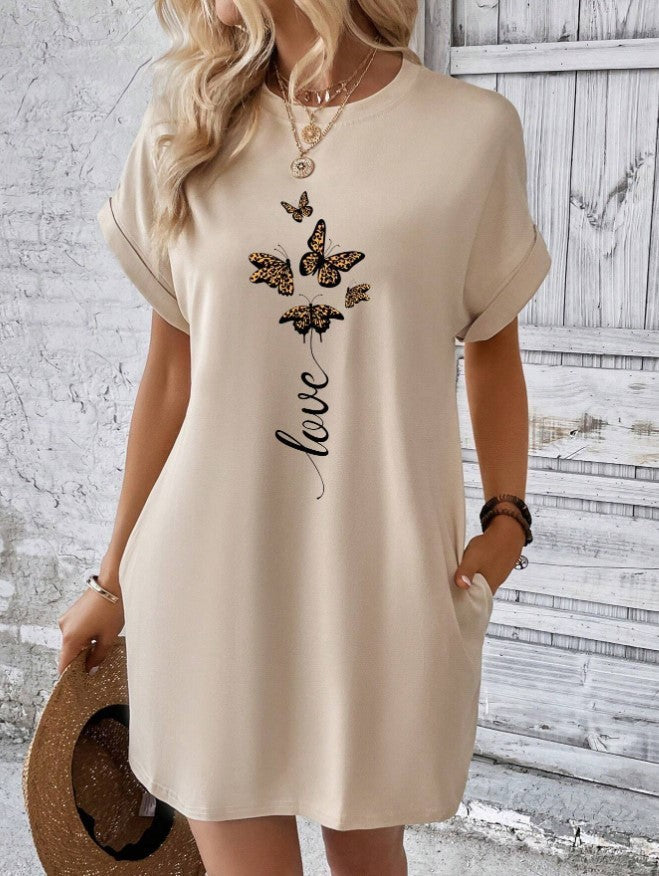 Butterfly and Letter Pattern Batwing Sleeve T-Shirt Dress