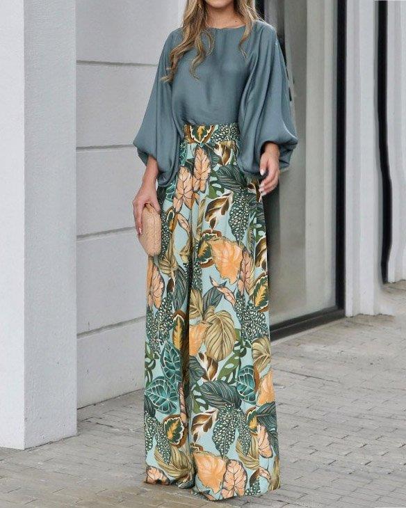 Two-Piece Set for Women Lantern Sleeve Printed Top and Wide Leg Pants