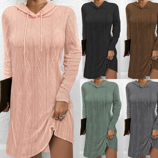 Women's Knitted Hooded Pullover Dress with Long Sleeves