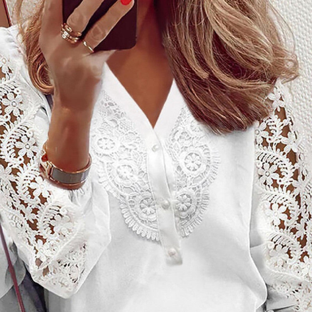 Woman's Solid Color Lace Patchwork Shirt