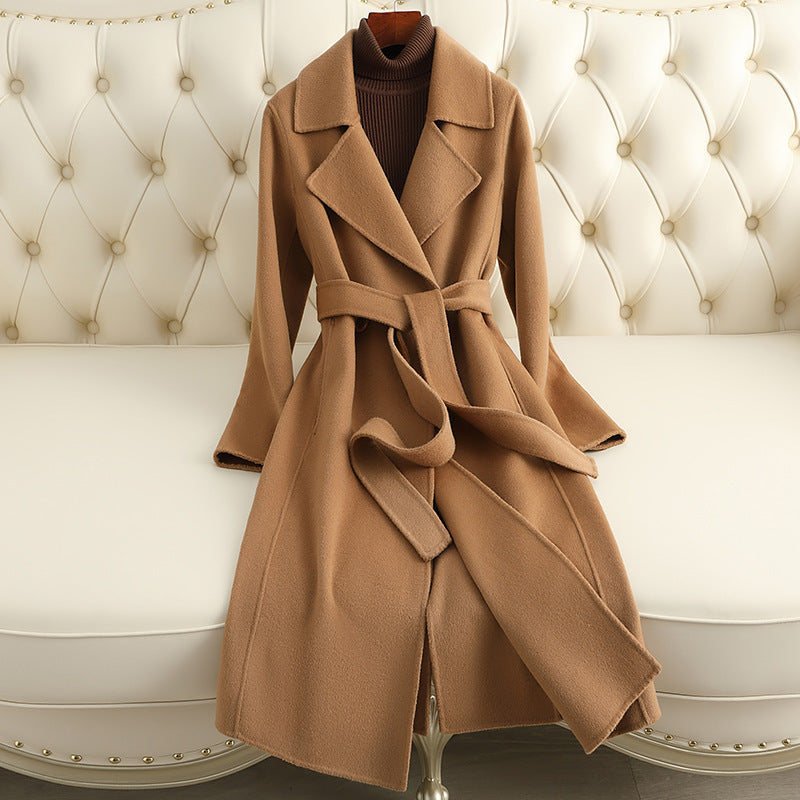 Slim-Fit Cashmere Woolen Coat, Thin and Over-the-Knee Length