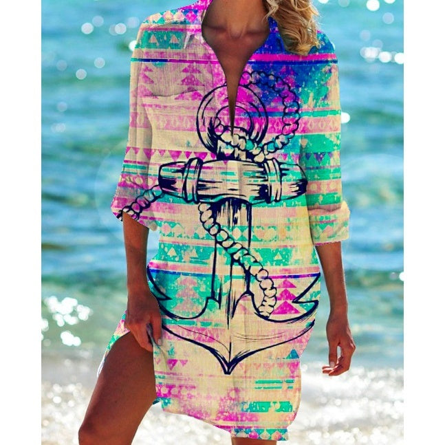 Vacation Beach Printed Shirt Bikini Cover-Up for Women