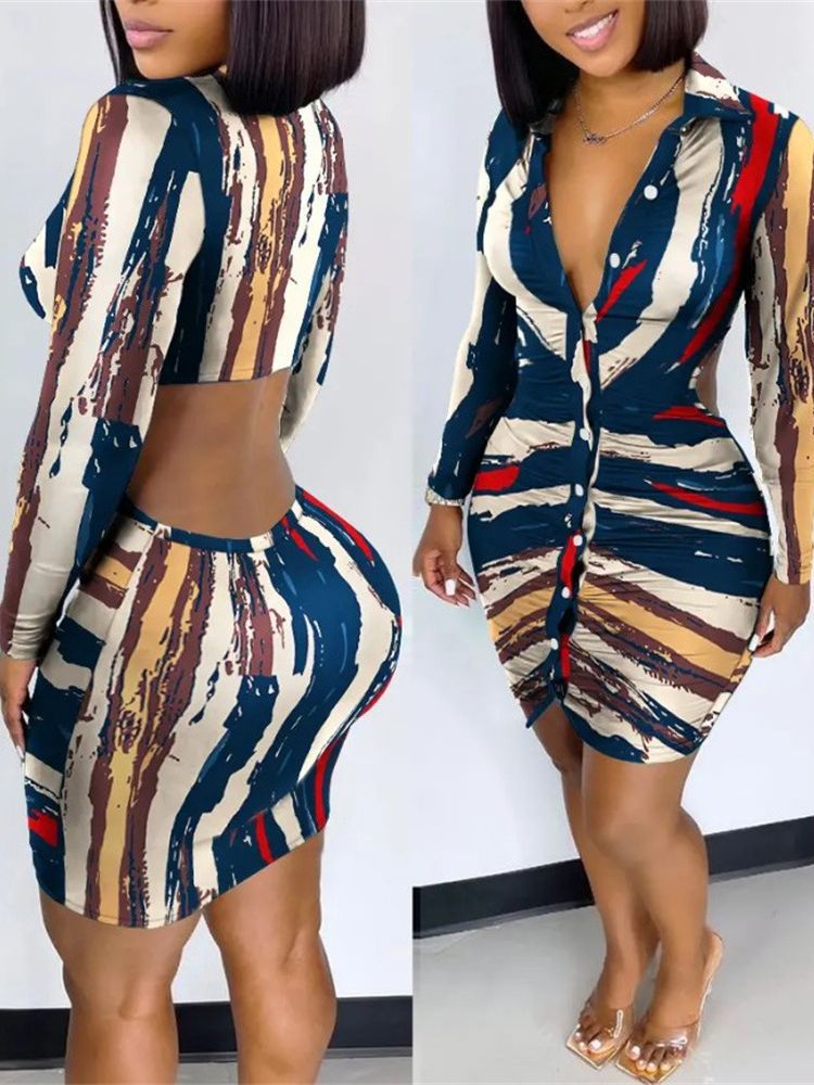 Women's Printed Fashion Midriff Outfit Sheath Long Sleeve Dress