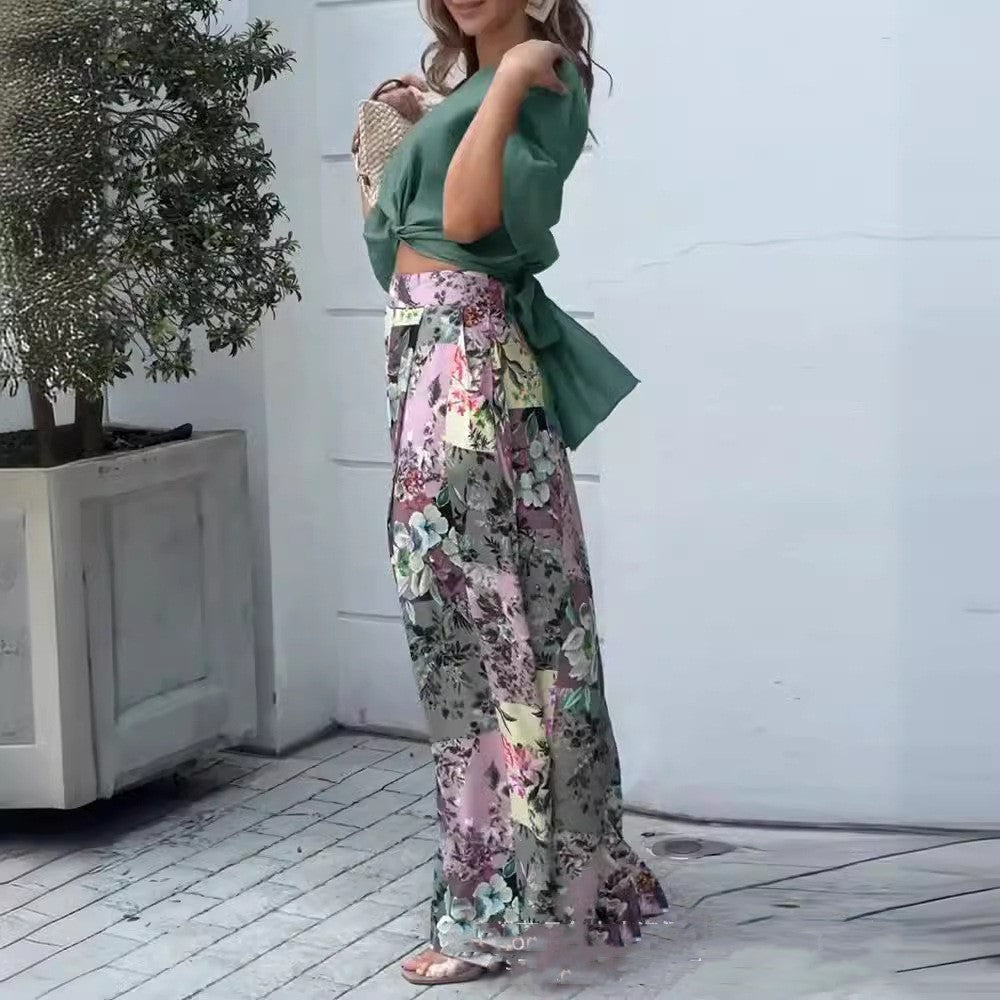 Floral Short Button-Up Top with Full-Length Wide-Leg Trousers