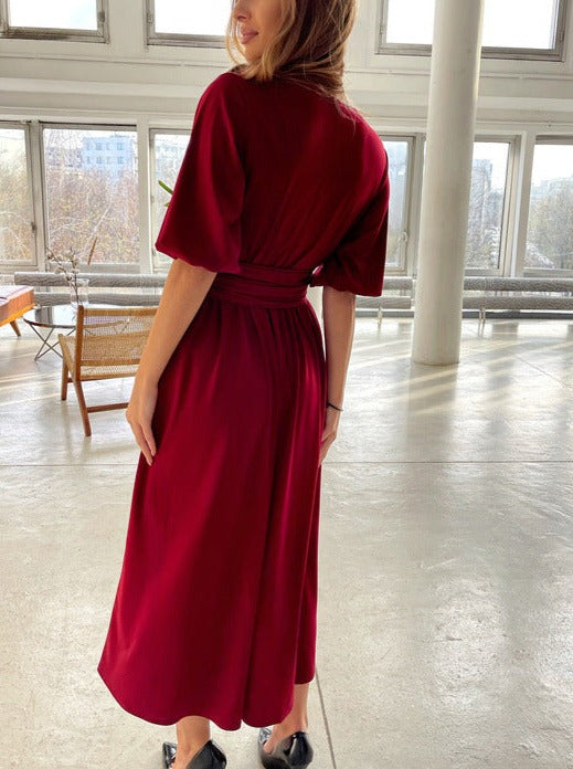 Stylish Women's V-Neck Maxi Dress Lantern Sleeves