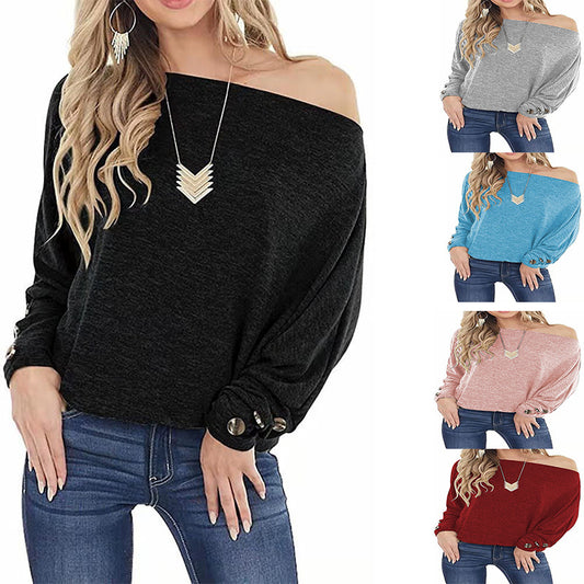 Off-Shoulder Casual T-shirt for Women with Long Sleeves