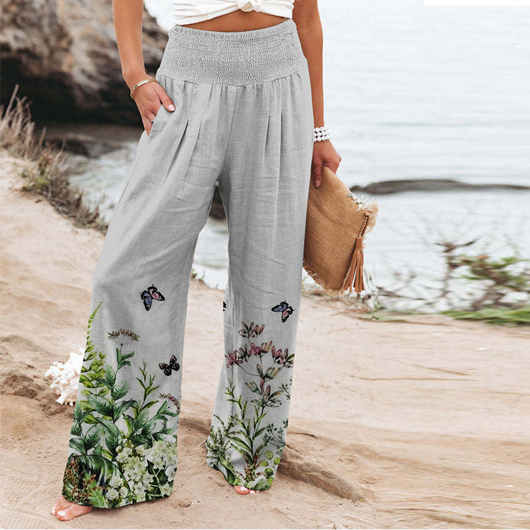 High-Waist Casual Wide Leg Pants with Elastic Printing and Pockets