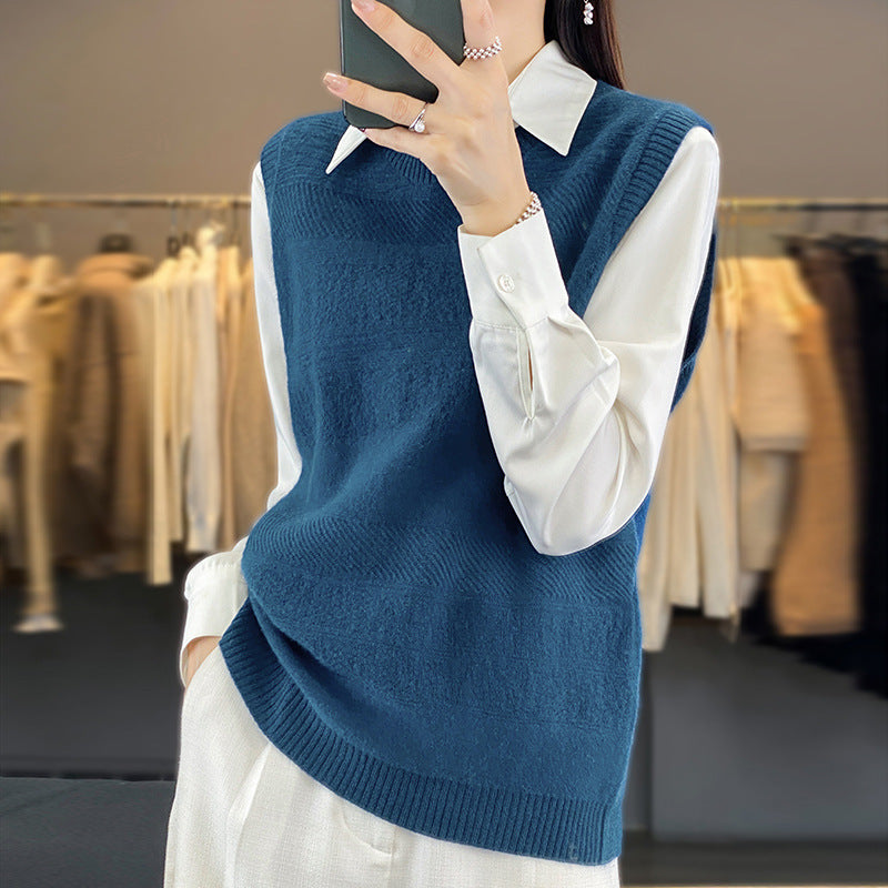 Women's Round Neck Loose-Fit Cashmere Knitted Pullover Sweater Vest