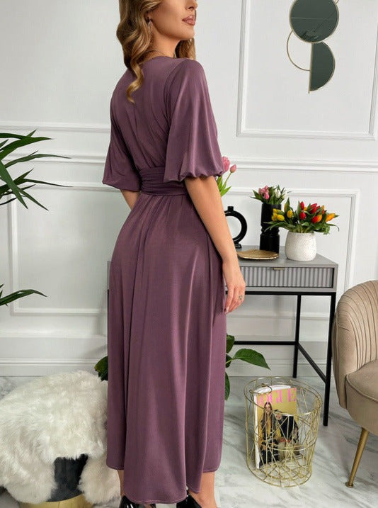 Stylish Women's V-Neck Maxi Dress Lantern Sleeves