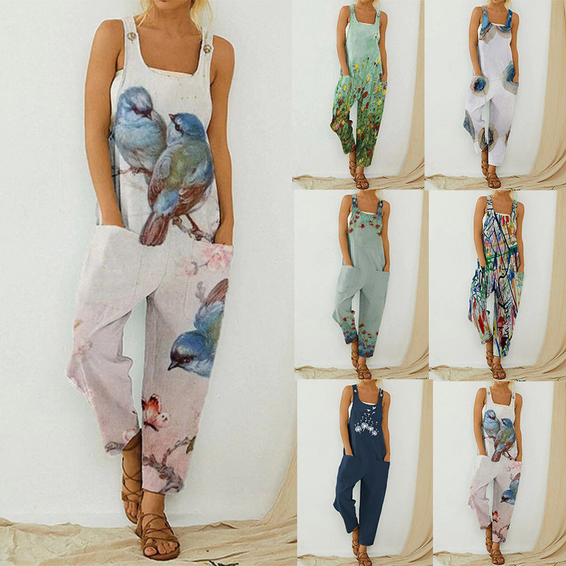 Women's Trousers Fashion Loose Straight Jumpsuit Abstract Birds Flowers Print Bib Jumpsuit