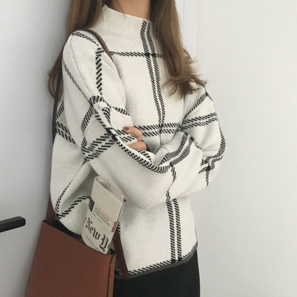 Core-Spun High Neck Plaid Sweater Top for Women