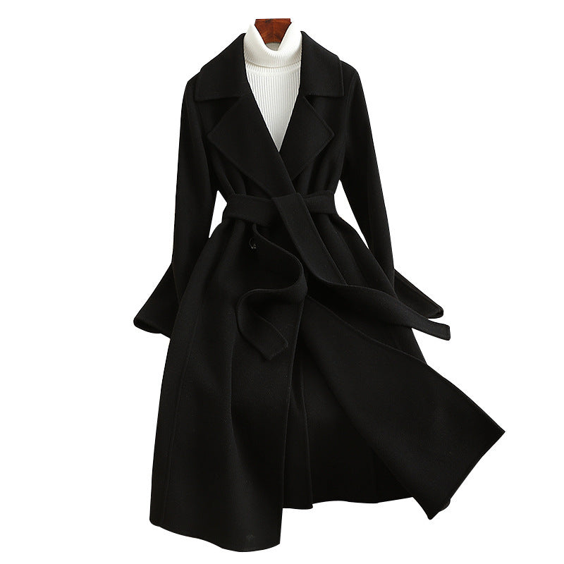 Slim-Fit Cashmere Woolen Coat, Thin and Over-the-Knee Length