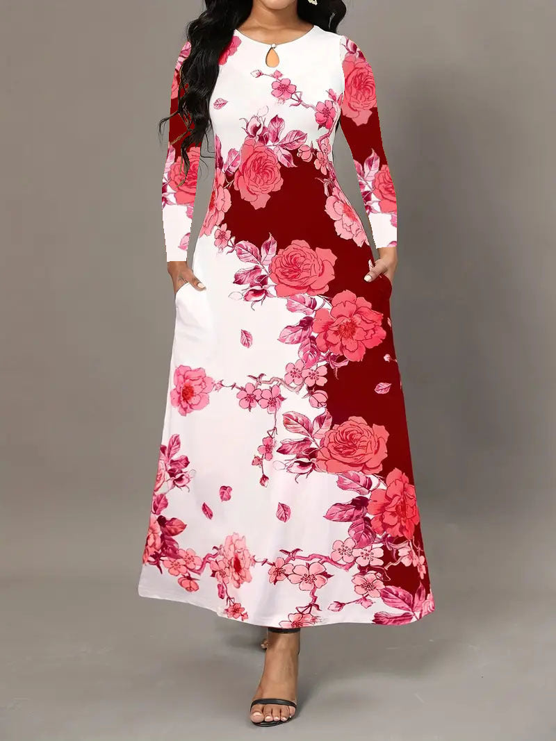 Round Neck Long Sleeve Dress with Printed Pocket and Waist-Controlled Large Hem