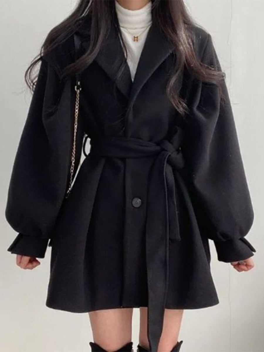 woolen coat for women's autumn and winter lace up woolen coat
