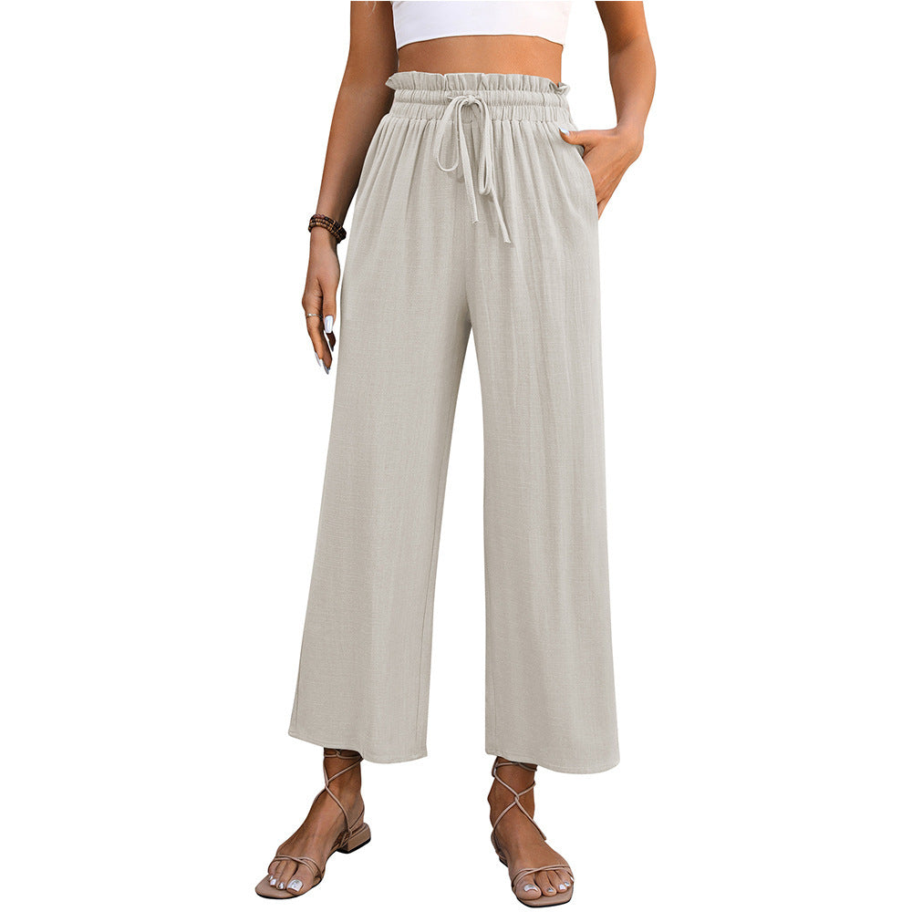 Summer Casual Solid Color Loose Wide Leg Trousers with Drawstring High Waist for Women