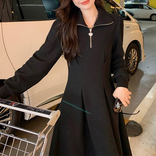 Plus Size Temperament Waist-controlled Slimming Long Sleeve Fleece-lined Warm Mid-length Dress For Women