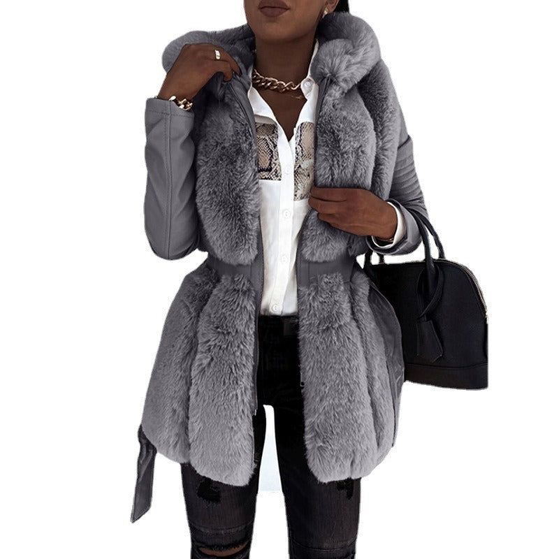 New faux fur jacket for women with belt and hood, solid color zippered jacket jacket