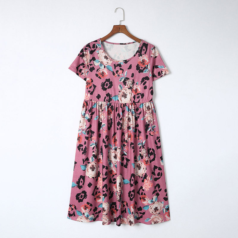 Women's Leopard Print Plant Floral Print Short Sleeve Waist-controlled Dress