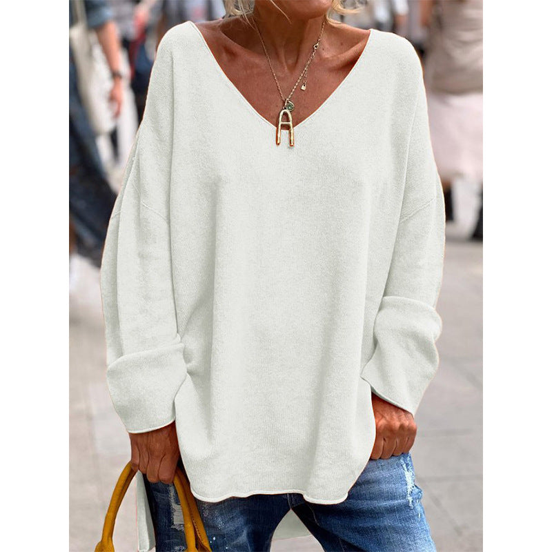 Women's Solid Color And V-neck Long Sleeve Loose Casual Top