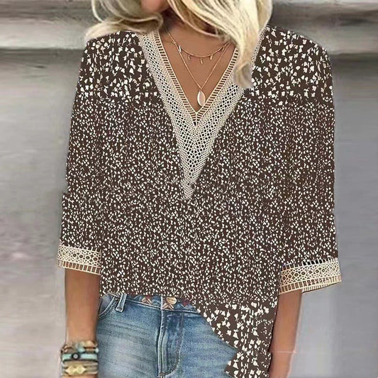 Lace V-Neck Flower-Print Casual Loose Shirt for Women