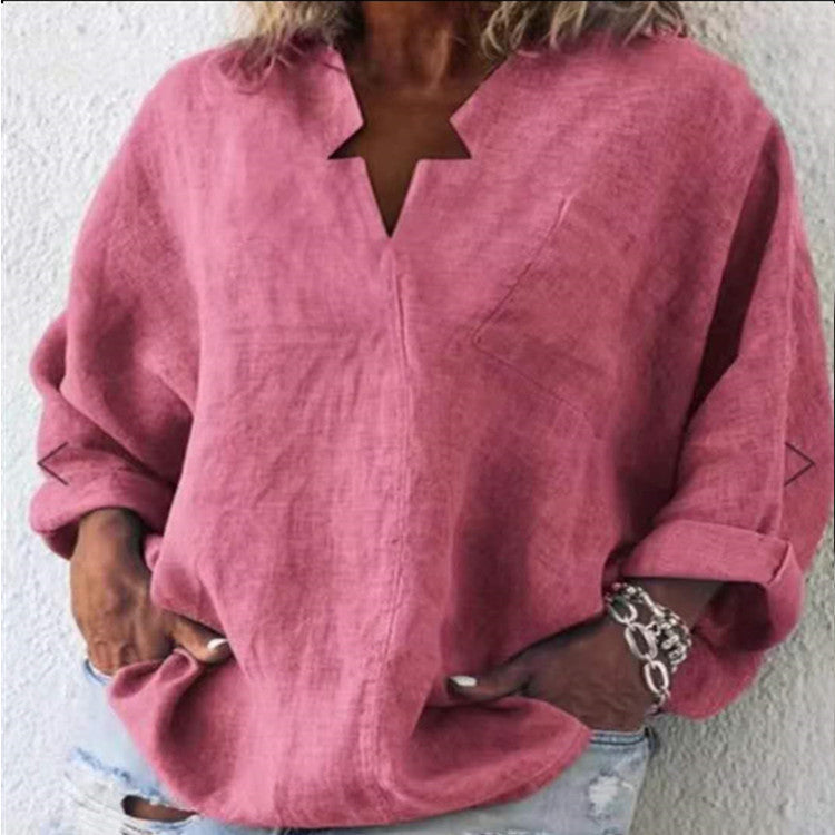 Solid Color Cotton And Linen Plus Size Mid-length V-neck Shirt